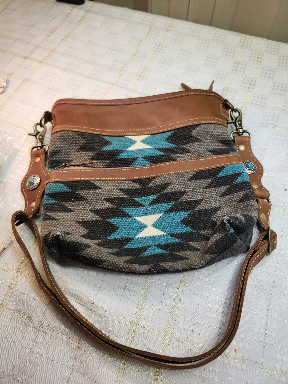 MYRA Turquoise Aztec Pattern Canvas Crossbody with Brown Trim
